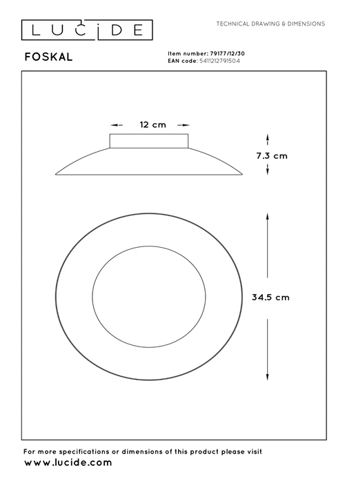 Lucide FOSKAL - Deckenleuchte - Ø 34,5 cm - LED - 1x12W 2700K - Schwarz - technisch